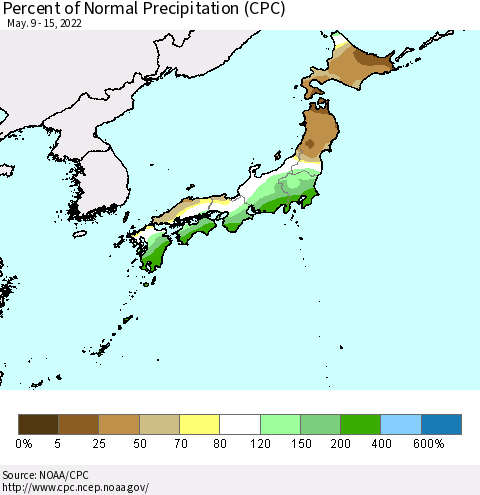 Japan Percent of Normal Precipitation (CPC) Thematic Map For 5/9/2022 - 5/15/2022