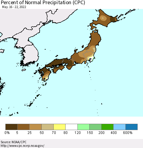 Japan Percent of Normal Precipitation (CPC) Thematic Map For 5/16/2022 - 5/22/2022
