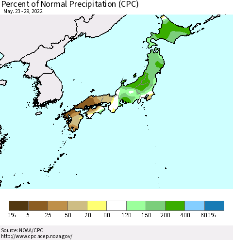 Japan Percent of Normal Precipitation (CPC) Thematic Map For 5/23/2022 - 5/29/2022