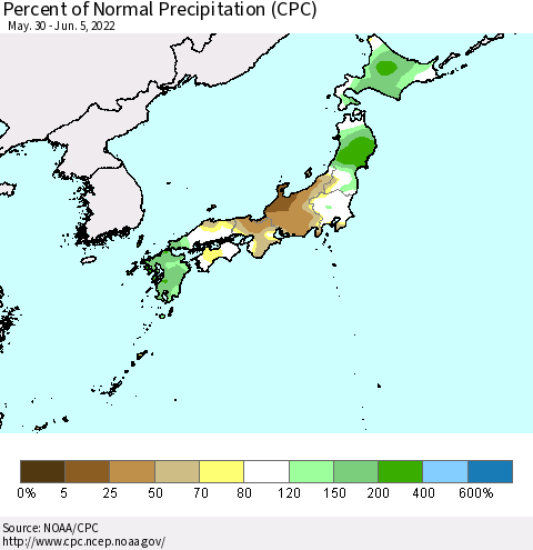 Japan Percent of Normal Precipitation (CPC) Thematic Map For 5/30/2022 - 6/5/2022