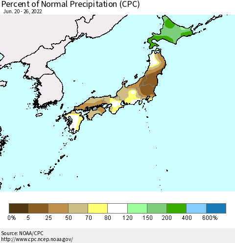 Japan Percent of Normal Precipitation (CPC) Thematic Map For 6/20/2022 - 6/26/2022
