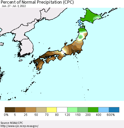 Japan Percent of Normal Precipitation (CPC) Thematic Map For 6/27/2022 - 7/3/2022
