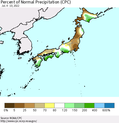 Japan Percent of Normal Precipitation (CPC) Thematic Map For 7/4/2022 - 7/10/2022