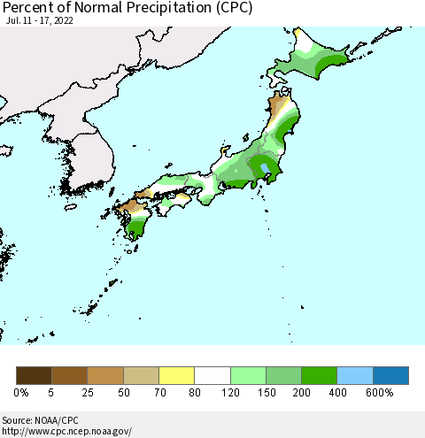Japan Percent of Normal Precipitation (CPC) Thematic Map For 7/11/2022 - 7/17/2022