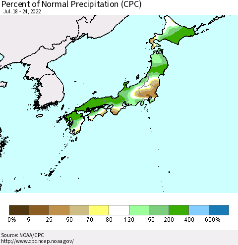 Japan Percent of Normal Precipitation (CPC) Thematic Map For 7/18/2022 - 7/24/2022