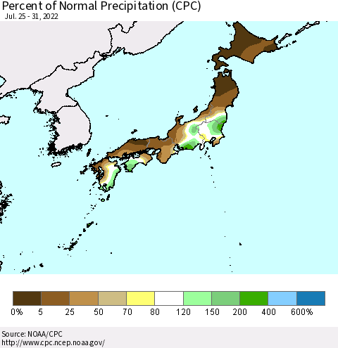 Japan Percent of Normal Precipitation (CPC) Thematic Map For 7/25/2022 - 7/31/2022