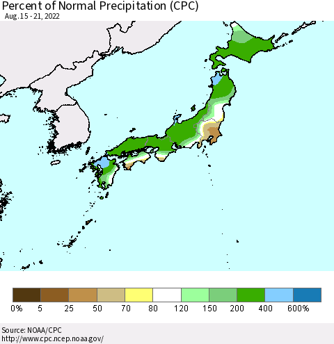 Japan Percent of Normal Precipitation (CPC) Thematic Map For 8/15/2022 - 8/21/2022