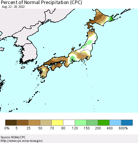 Japan Percent of Normal Precipitation (CPC) Thematic Map For 8/22/2022 - 8/28/2022