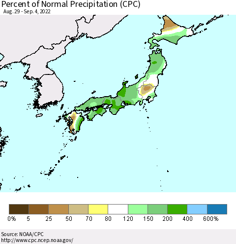 Japan Percent of Normal Precipitation (CPC) Thematic Map For 8/29/2022 - 9/4/2022