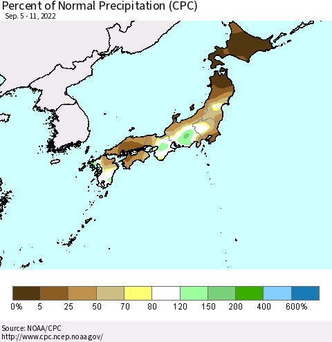 Japan Percent of Normal Precipitation (CPC) Thematic Map For 9/5/2022 - 9/11/2022