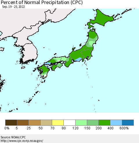 Japan Percent of Normal Precipitation (CPC) Thematic Map For 9/19/2022 - 9/25/2022