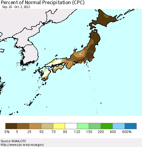 Japan Percent of Normal Precipitation (CPC) Thematic Map For 9/26/2022 - 10/2/2022
