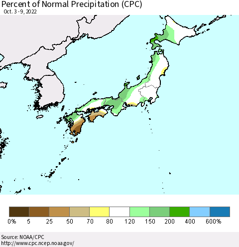 Japan Percent of Normal Precipitation (CPC) Thematic Map For 10/3/2022 - 10/9/2022
