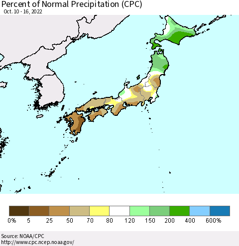 Japan Percent of Normal Precipitation (CPC) Thematic Map For 10/10/2022 - 10/16/2022