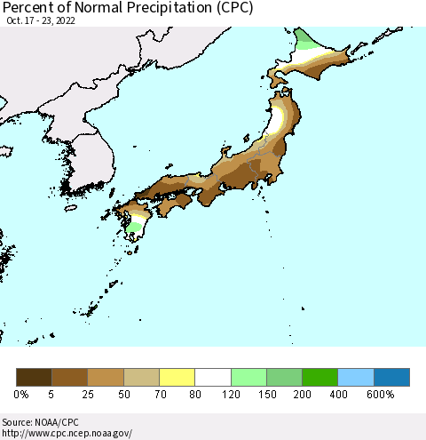Japan Percent of Normal Precipitation (CPC) Thematic Map For 10/17/2022 - 10/23/2022