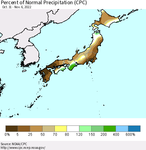 Japan Percent of Normal Precipitation (CPC) Thematic Map For 10/31/2022 - 11/6/2022