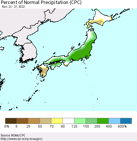 Japan Percent of Normal Precipitation (CPC) Thematic Map For 11/21/2022 - 11/27/2022