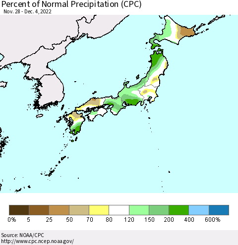 Japan Percent of Normal Precipitation (CPC) Thematic Map For 11/28/2022 - 12/4/2022