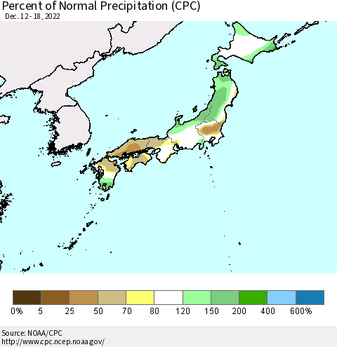 Japan Percent of Normal Precipitation (CPC) Thematic Map For 12/12/2022 - 12/18/2022