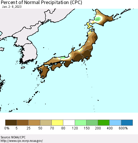 Japan Percent of Normal Precipitation (CPC) Thematic Map For 1/2/2023 - 1/8/2023
