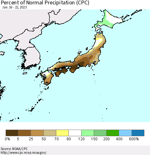 Japan Percent of Normal Precipitation (CPC) Thematic Map For 1/16/2023 - 1/22/2023