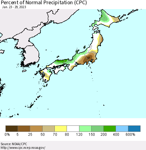 Japan Percent of Normal Precipitation (CPC) Thematic Map For 1/23/2023 - 1/29/2023