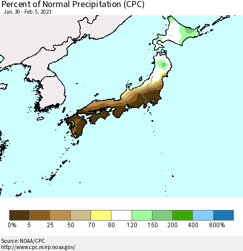 Japan Percent of Normal Precipitation (CPC) Thematic Map For 1/30/2023 - 2/5/2023