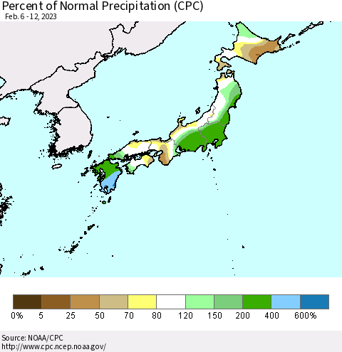 Japan Percent of Normal Precipitation (CPC) Thematic Map For 2/6/2023 - 2/12/2023