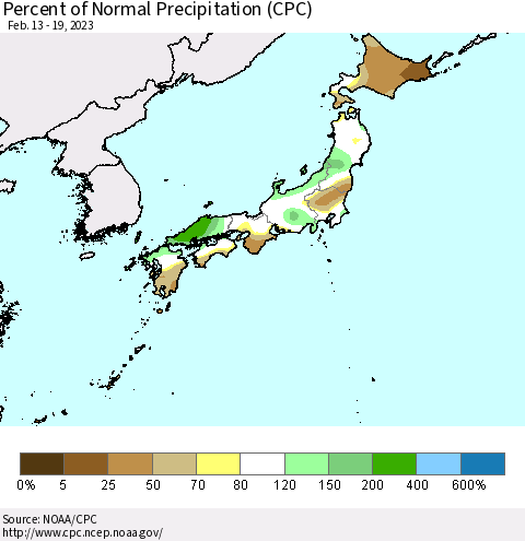 Japan Percent of Normal Precipitation (CPC) Thematic Map For 2/13/2023 - 2/19/2023