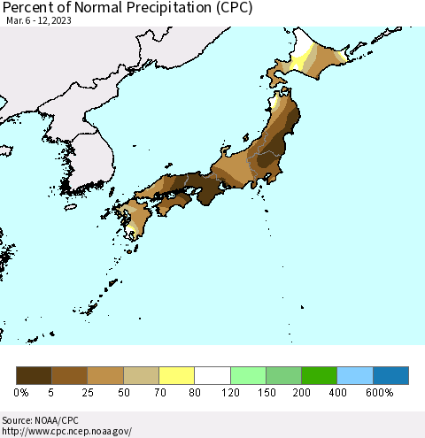 Japan Percent of Normal Precipitation (CPC) Thematic Map For 3/6/2023 - 3/12/2023