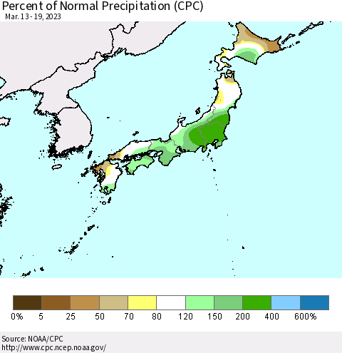 Japan Percent of Normal Precipitation (CPC) Thematic Map For 3/13/2023 - 3/19/2023