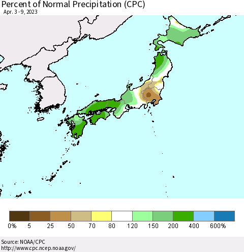 Japan Percent of Normal Precipitation (CPC) Thematic Map For 4/3/2023 - 4/9/2023