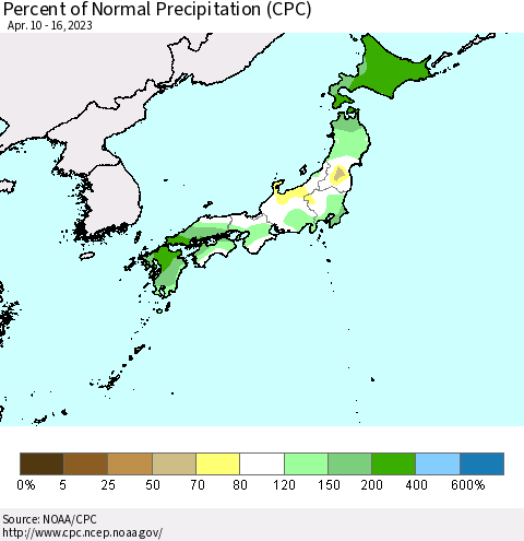 Japan Percent of Normal Precipitation (CPC) Thematic Map For 4/10/2023 - 4/16/2023