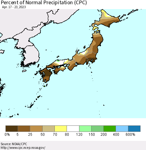 Japan Percent of Normal Precipitation (CPC) Thematic Map For 4/17/2023 - 4/23/2023