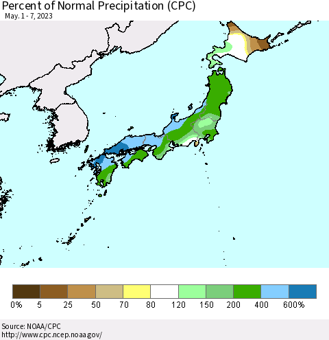 Japan Percent of Normal Precipitation (CPC) Thematic Map For 5/1/2023 - 5/7/2023