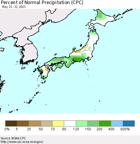 Japan Percent of Normal Precipitation (CPC) Thematic Map For 5/15/2023 - 5/21/2023