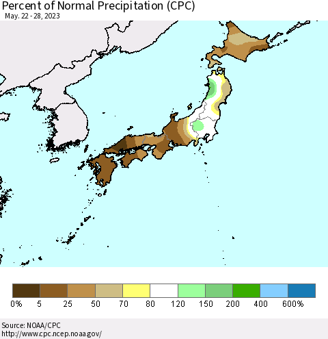 Japan Percent of Normal Precipitation (CPC) Thematic Map For 5/22/2023 - 5/28/2023