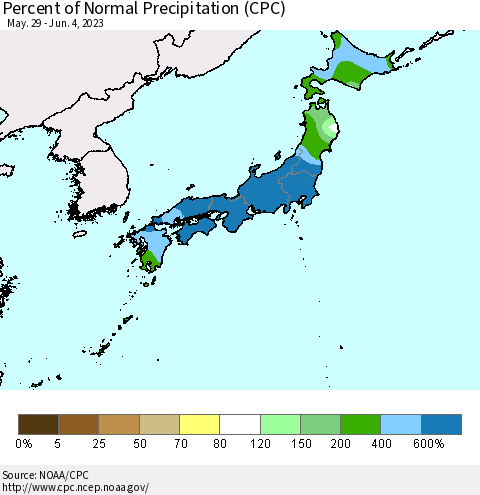 Japan Percent of Normal Precipitation (CPC) Thematic Map For 5/29/2023 - 6/4/2023