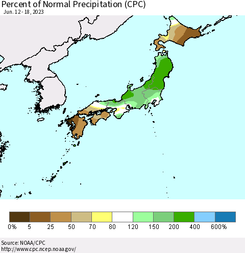 Japan Percent of Normal Precipitation (CPC) Thematic Map For 6/12/2023 - 6/18/2023