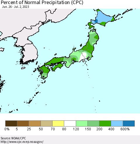 Japan Percent of Normal Precipitation (CPC) Thematic Map For 6/26/2023 - 7/2/2023