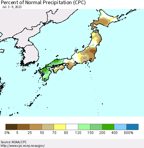 Japan Percent of Normal Precipitation (CPC) Thematic Map For 7/3/2023 - 7/9/2023