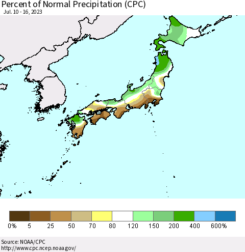 Japan Percent of Normal Precipitation (CPC) Thematic Map For 7/10/2023 - 7/16/2023