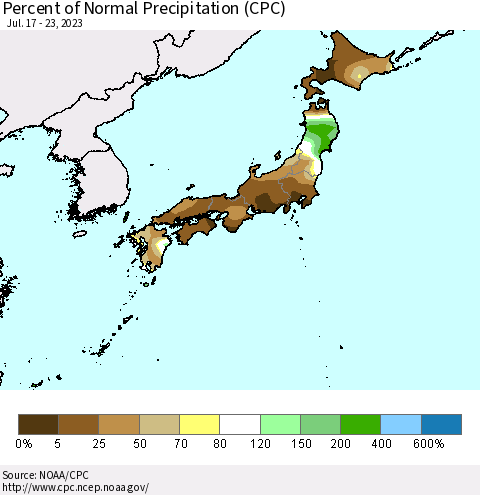 Japan Percent of Normal Precipitation (CPC) Thematic Map For 7/17/2023 - 7/23/2023