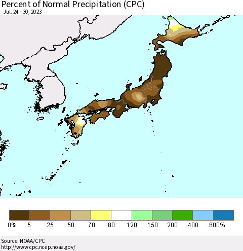 Japan Percent of Normal Precipitation (CPC) Thematic Map For 7/24/2023 - 7/30/2023