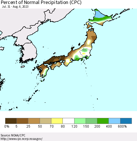 Japan Percent of Normal Precipitation (CPC) Thematic Map For 7/31/2023 - 8/6/2023