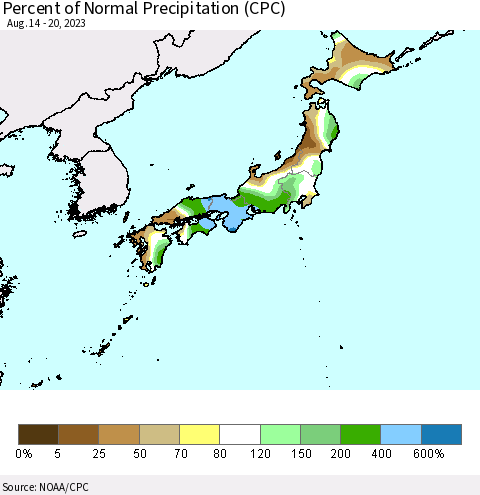 Japan Percent of Normal Precipitation (CPC) Thematic Map For 8/14/2023 - 8/20/2023