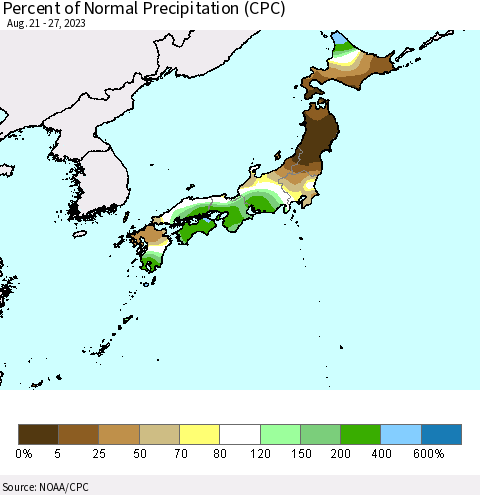 Japan Percent of Normal Precipitation (CPC) Thematic Map For 8/21/2023 - 8/27/2023