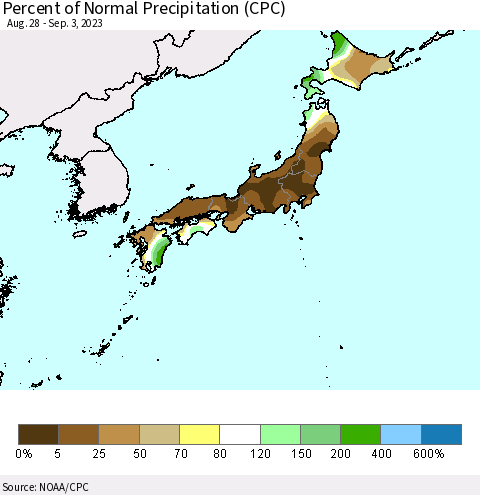 Japan Percent of Normal Precipitation (CPC) Thematic Map For 8/28/2023 - 9/3/2023