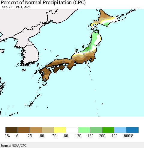 Japan Percent of Normal Precipitation (CPC) Thematic Map For 9/25/2023 - 10/1/2023