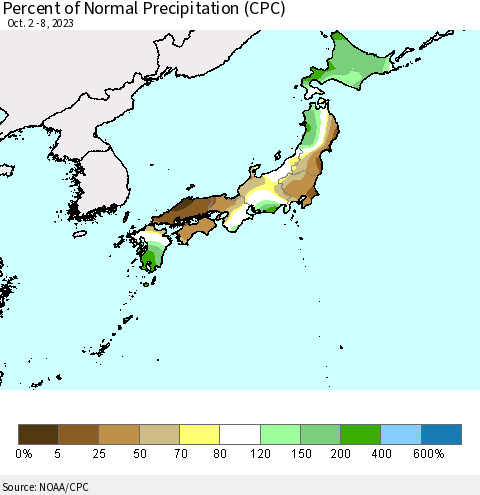 Japan Percent of Normal Precipitation (CPC) Thematic Map For 10/2/2023 - 10/8/2023